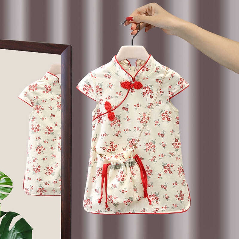 Đầm Sườn Xám Tay Ngắn Họa Tiết Hoa Kiểu Trung Hoa Xinh Xắn Cho Bé Gái 80-140 yards