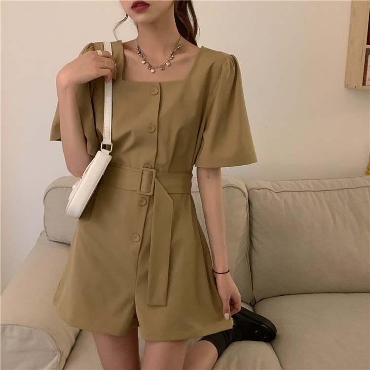 Jumpsuit Ngắn Tay Cổ Vuông Phong Cách Hàn Quốc Dành Cho Nữ
