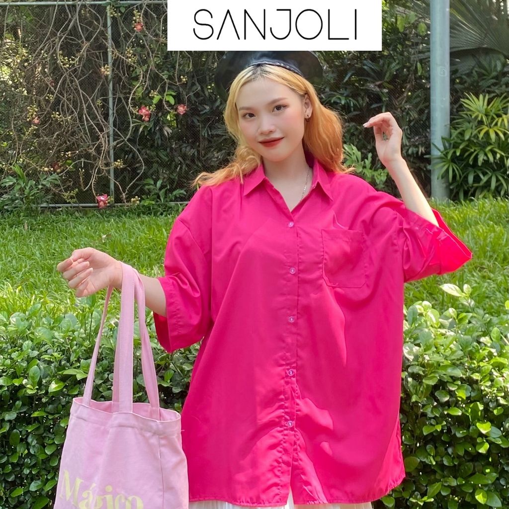 Áo sơ mi nữ tay ngắn Sanjoli kiểu oversize form rộng chất cotton thiết kế Hàn Quốc màu trend AO017