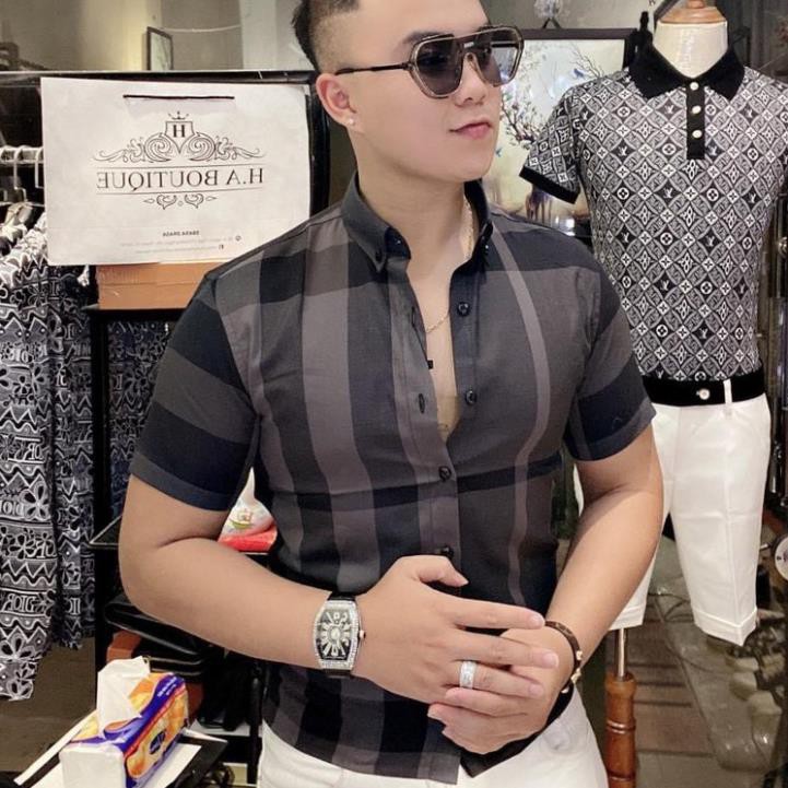 ⚡FREE SHIP⚡ Áo sơ mi cộc tay size dưới 80kg lụa mềm mại quanaochat74 - kẻ phối 2 màu logo thêu ngựa Burberry