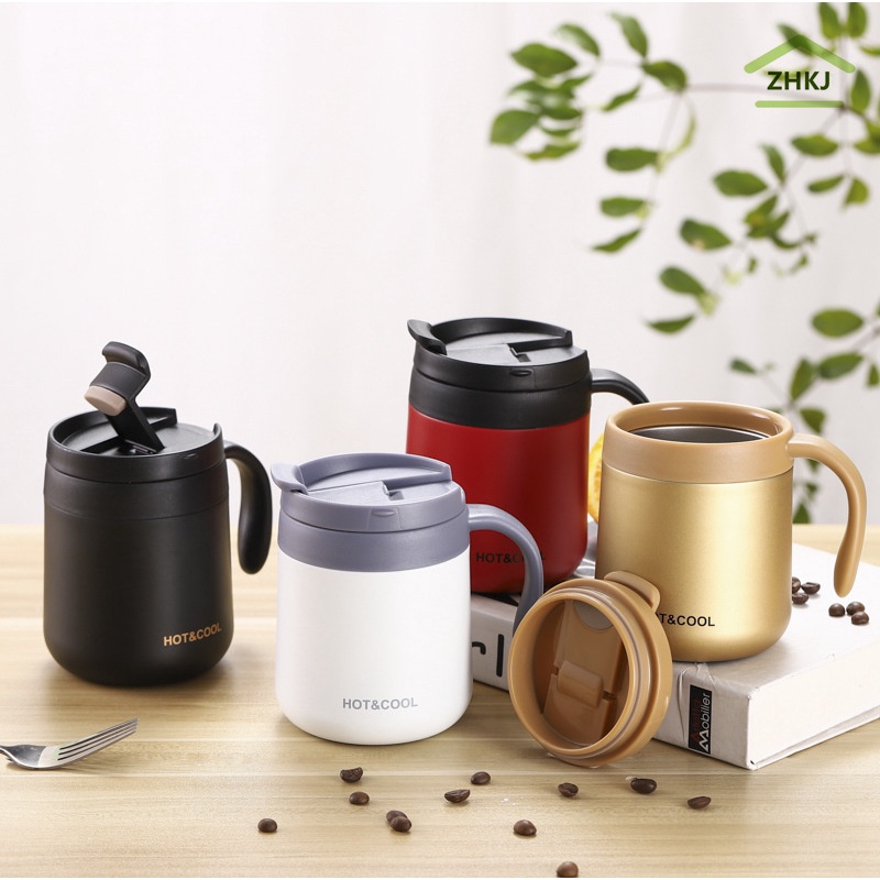 Cốc đựng nước nóng và lạnh cách nhiệt bằng thép không gỉ 304 có tay cầm và nắp đậy 350ml/ 500ml