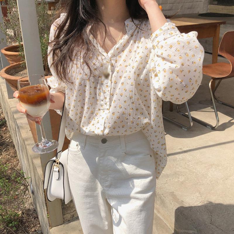 Áo Voan Dài Tay In Hoa Xinh Xắn Theo Phong Cách Hàn Quốc