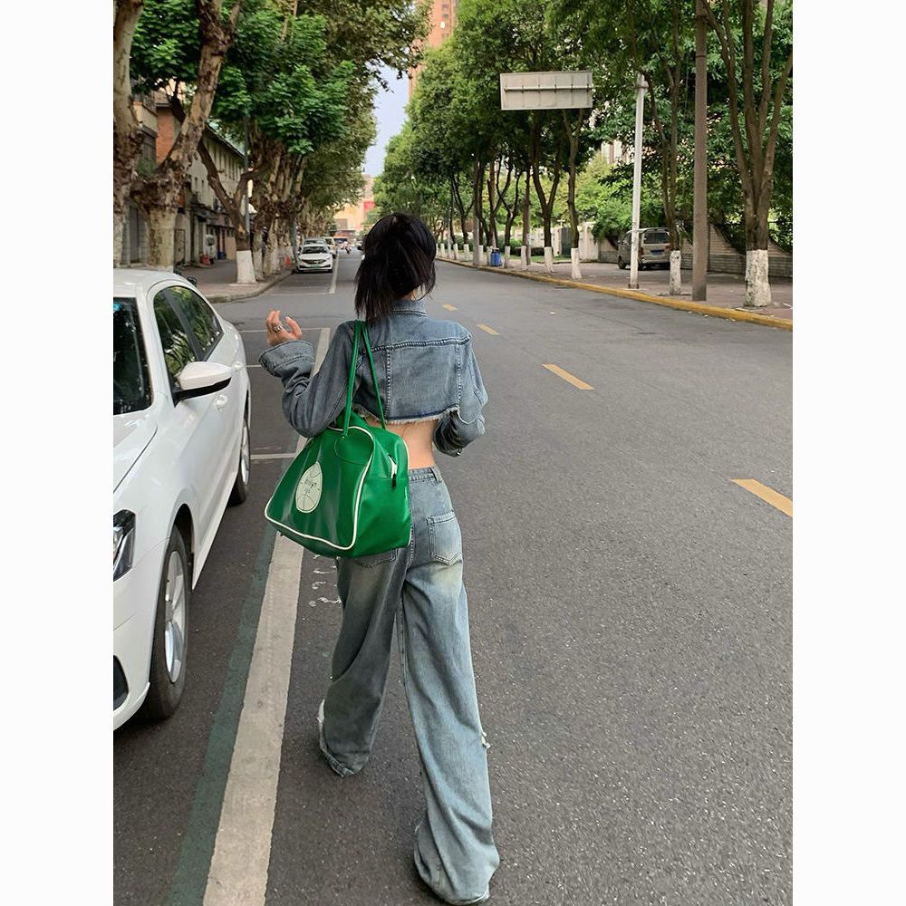 Phong Cách Mùa Thu Mới!F & X Set Áo Khoác Denim Dáng Ngắn Rộng Rách Cá Tính Ngọt Ngào Thời Trang Hè Thu Cho Nữ @
