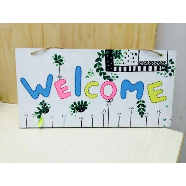 Bảnh gỗ vẽ tay Welcome 15x25cm