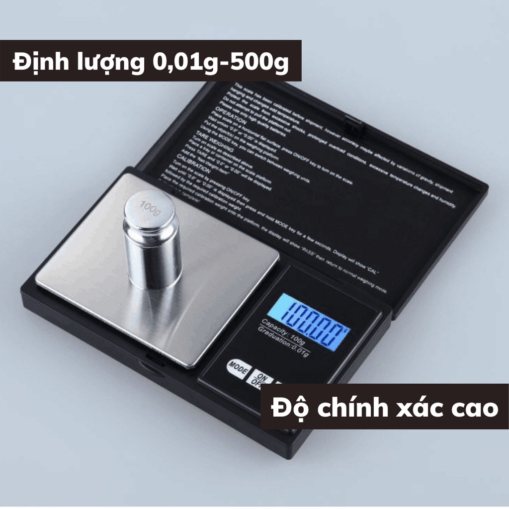 Cân điện tử tiểu ly mini định lượng 0,01g - 500g làm bánh nhà bếp độ chính xác cao có nắp tặng kèm pin AA