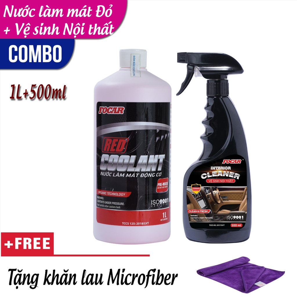 Bộ 2 sản phẩm nước làm mát động cơ Đỏ Red Coolant 1L + Dung dịch vệ sinh nội thất Focar 500ml (Tặng khăn lau)