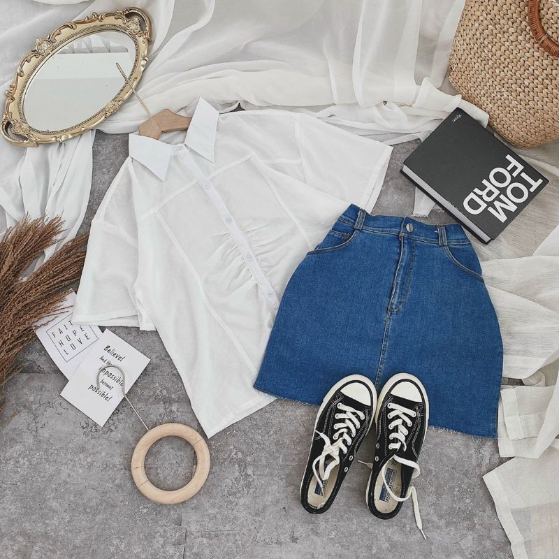 Set áo trắng + chân váy jean form A