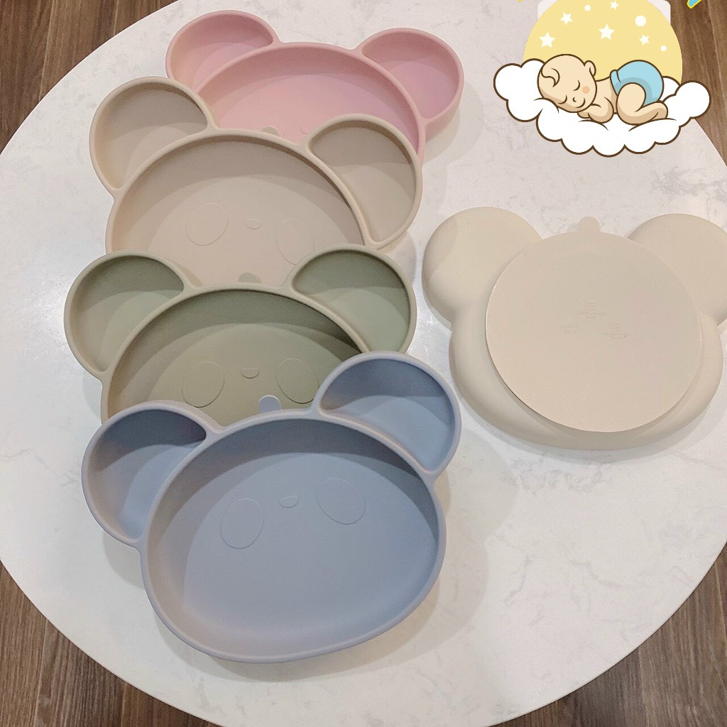 Khay/ Dĩa / Bát / Chén / Set 2 muỗng nĩa ăn dặm silicon chia ngăn cho bé tập ăn dặm hình gấu Bar-Rot