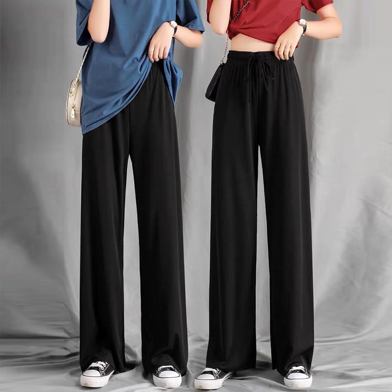 Hot Sale Ice silk wide-leg pants women's summer high waist drape black slim and versatile 2021 straight-leg pants student nine points/trousers