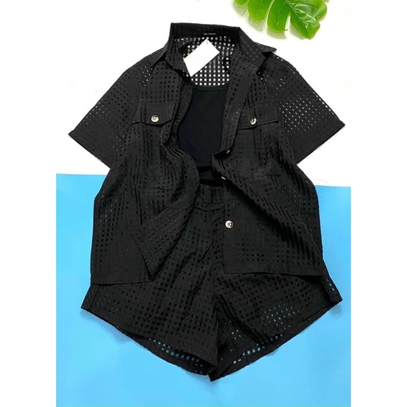 Sét bộ lưới nữ sơ mi tay ngắn kèm áo dây lót màu sắc trẻ trung GKM