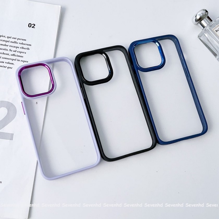 Ốp Điện Thoại Acrylic Chống Sốc Viền Mạ Màu Tím Đậm Cho iPhone 14 13 12 11 Pro Max X XR Xs Max 8 7 6 6s Plus SE 2020