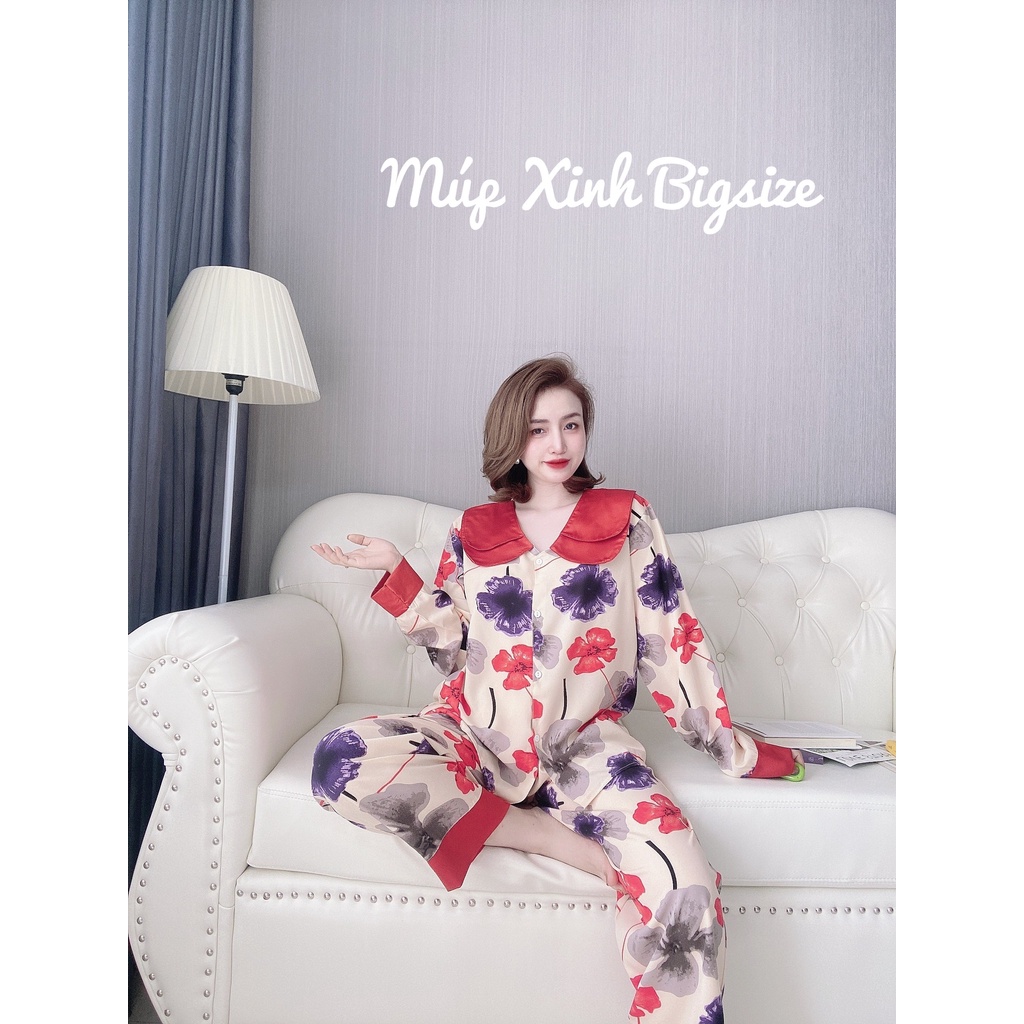 Đồ Bộ Tay Dài 50-100kg Bigsize Lụa Kiểu Dáng Cổ Hai Lá Tiểu Thư Mặc Nhà Cho Nàng Béo Múp