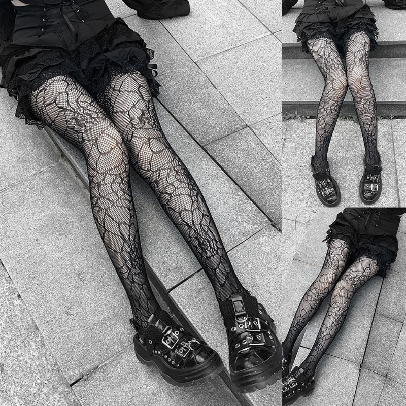 Quần Tất Lưới Đen Họa Tiết Mạng Nhện Phong Cách Gothic Cho Nữ