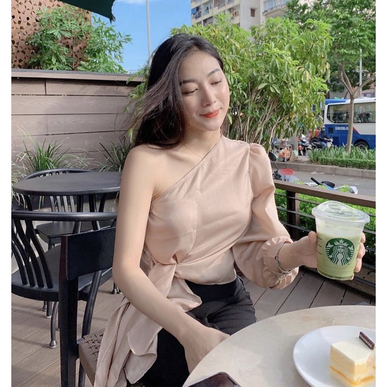 Áo satin phi lụa lệch 1 bên vai tay dài thắt nơ