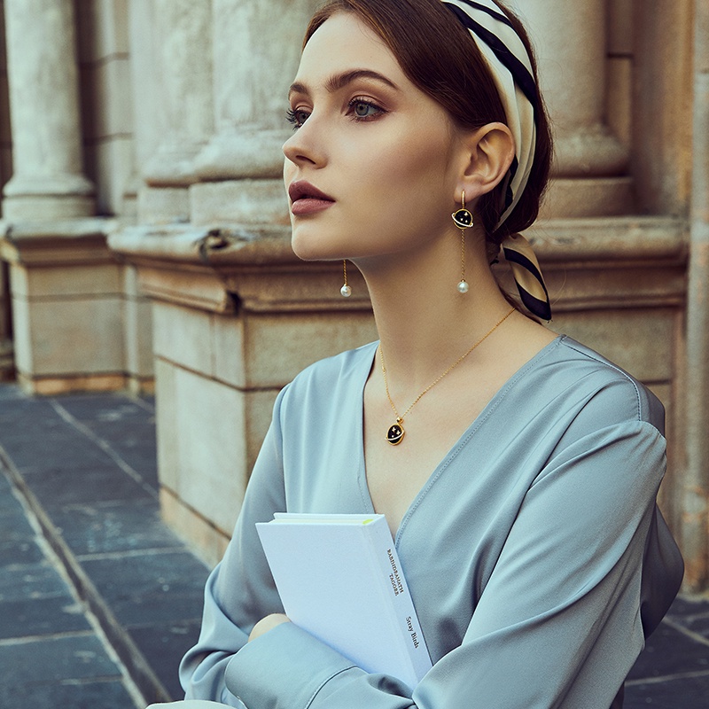 Dây chuyền/ Đôi khuyên tai BAMOER bạc 925 đính đá sa thạch xanh dương đậm và ngọc trai nhân tạo thời trang