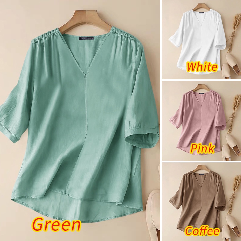 Áo sơ mi ZANZEA tay lửng cổ chữ V màu trơn phong cách vintage dành cho nữ