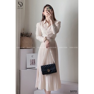 Set áo sơ mi kèm chân váy dập ly doris s1170