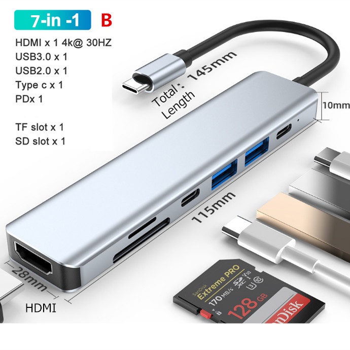 Bộ Chia Cổng Usb Type C 4 / 5 / 6 Trong 1 Otg Usb 3.0 HDMI-Tf Cho Macbook Laptop