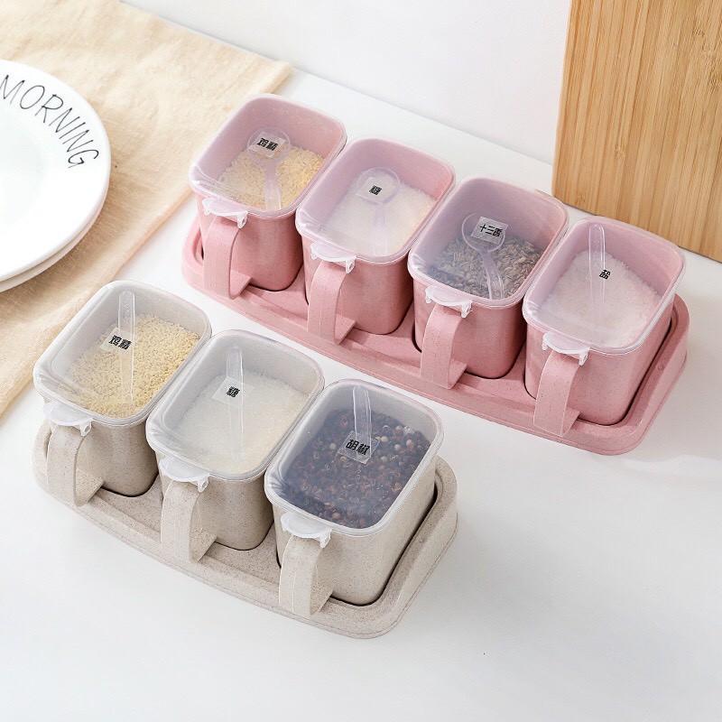 Khay 3-4 hũ/ hộp đựng gia vị bằng lúa mạch | BigBuy360 - bigbuy360.vn