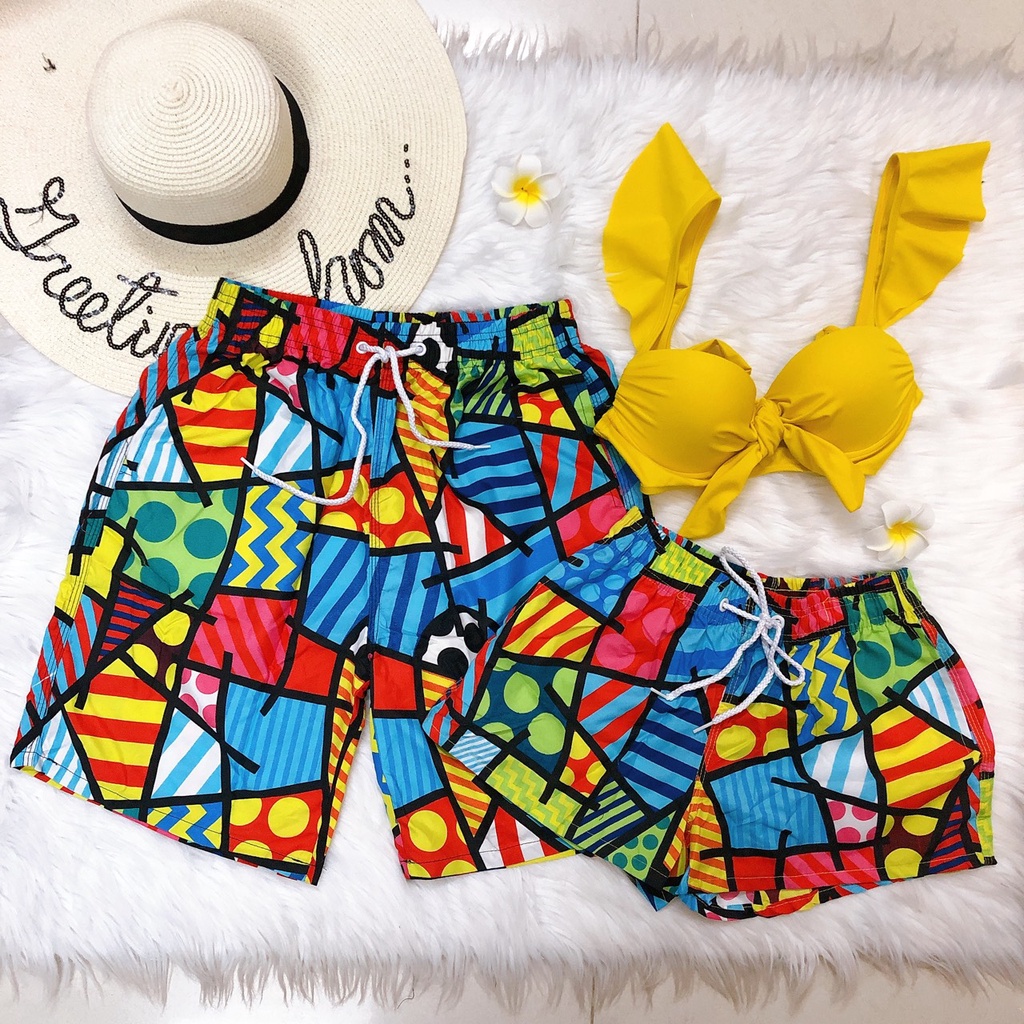 BIKINI ĐỒ ĐÔI COUPLE ĐI BIỂN CẶP QUẦN Ô VUÔNG NHIỀU MÀU MIX ÁO GỌNG BÈO VÀNG