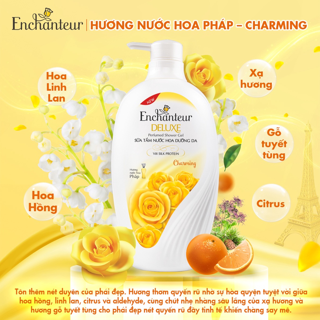 Sữa tắm hương nước hoa dưỡng da thơm mịn Enchanteur Charming/ Sensation 900gr (2 mùi)