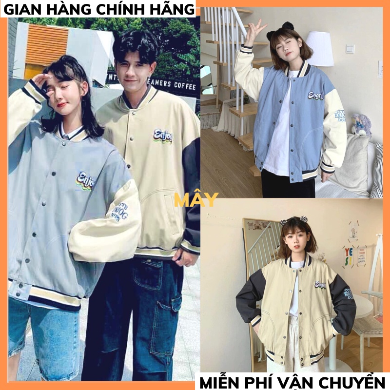 Áo khoác bomber nhung tăm unisex thể thao nam nữ in chữ ENJOG- Áo bóng chày chất kaki from rộng dài MÂY2