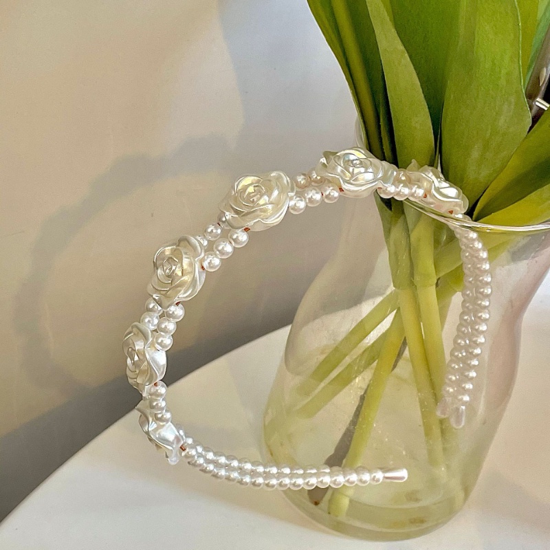 Băng Đô Cài Tóc Hai Lớp Đính Hoa Hồng Ngọc Trai Phong Cách Hàn Quốc Ngọt Ngào Cho Nữ