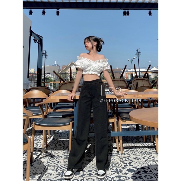 Quần culottes khuy đen dài 96-99cm Tia19. Quần tây ống rộng suông nữ (Ảnh thật)