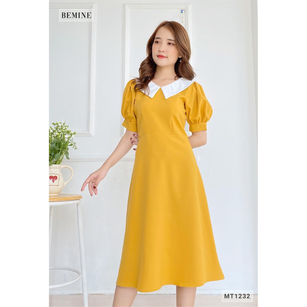 [Mã WABRWA15 giảm 15% đơn 300K] Đầm xòe tay ngắn cổ phối trắng BEMINE MT1232VANG | BigBuy360 - bigbuy360.vn