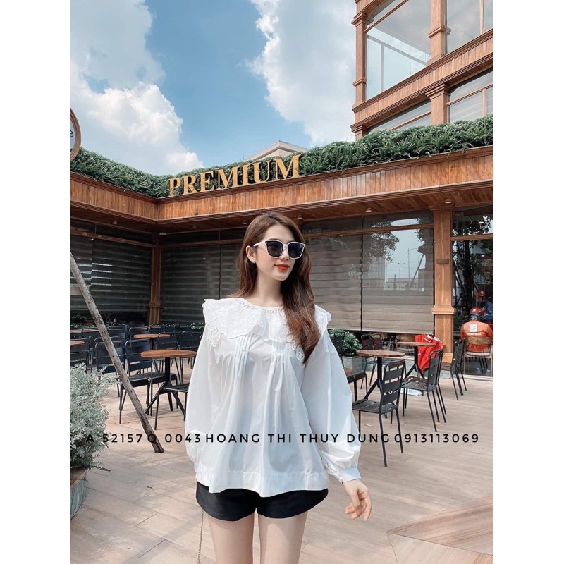 Áo Sơ Mi Trắng Cổ Sen Phối Ren Tiểu Thư Dáng Babydoll Siêu Xinh, Áo Kiểu Nữ Chất Thô Mềm Hàng Đẹp Loại 1