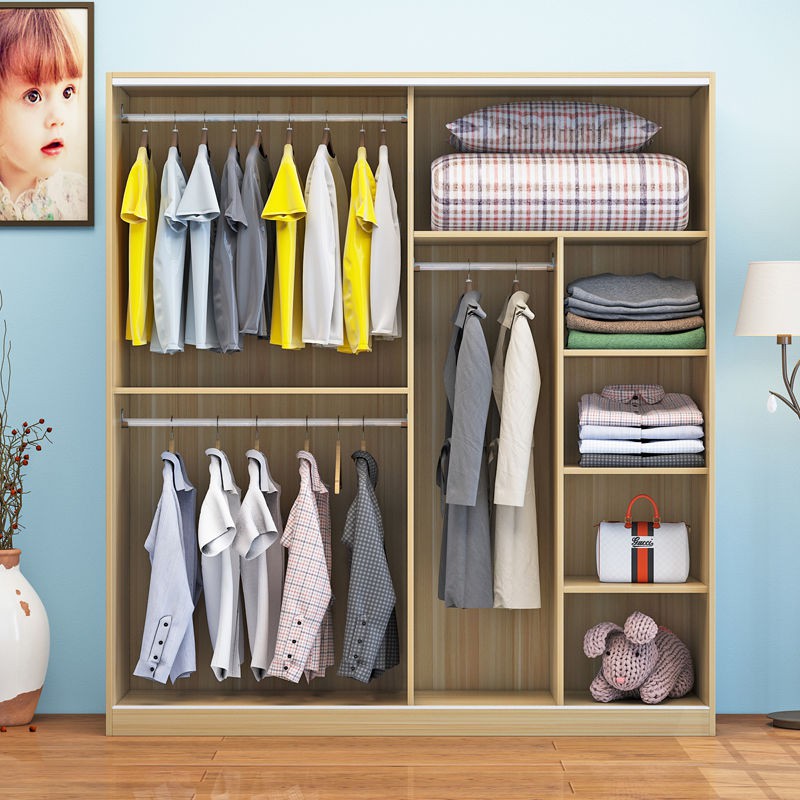 Tủ quần áo gỗ nguyên khối hiện đại đơn giản và tiết kiệm cửa lùa lắp ráp đựng đồ trong phòng ngủ <