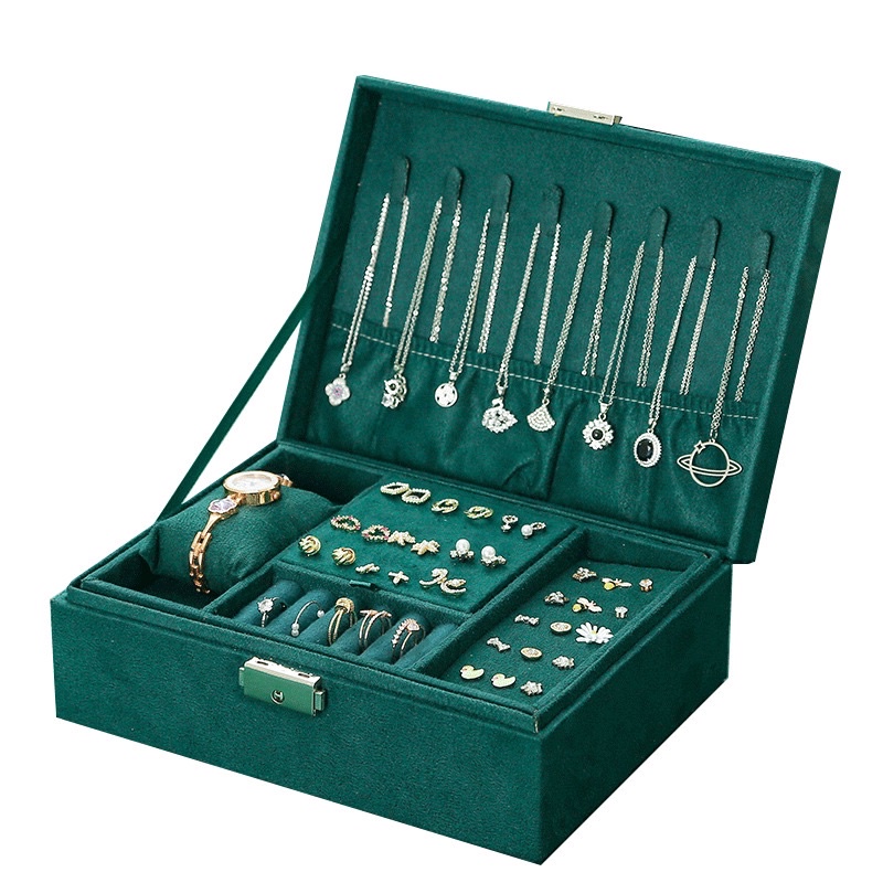 Hộp đựng trang sức 2 tầng bọc Nhung - Hộp đựng nữ trang có ngăn để Đồng hồ