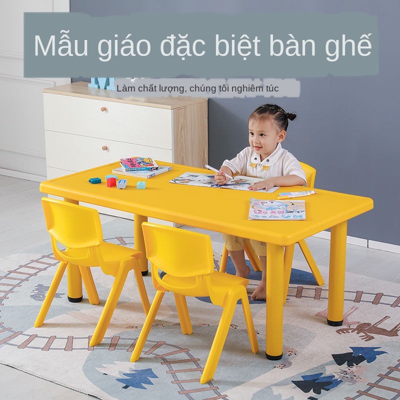 GhếBộ bàn ghế mẫu giáo trung tâm dục mầm non trọn gồm ăn, học và viết chữ nhật bằng nhựa của trẻ em