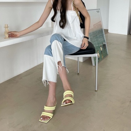 Guốc cao gót hai dây ngang bản to 7cm  4 màu đen - be - vàng - hồng - THAO CLOVER