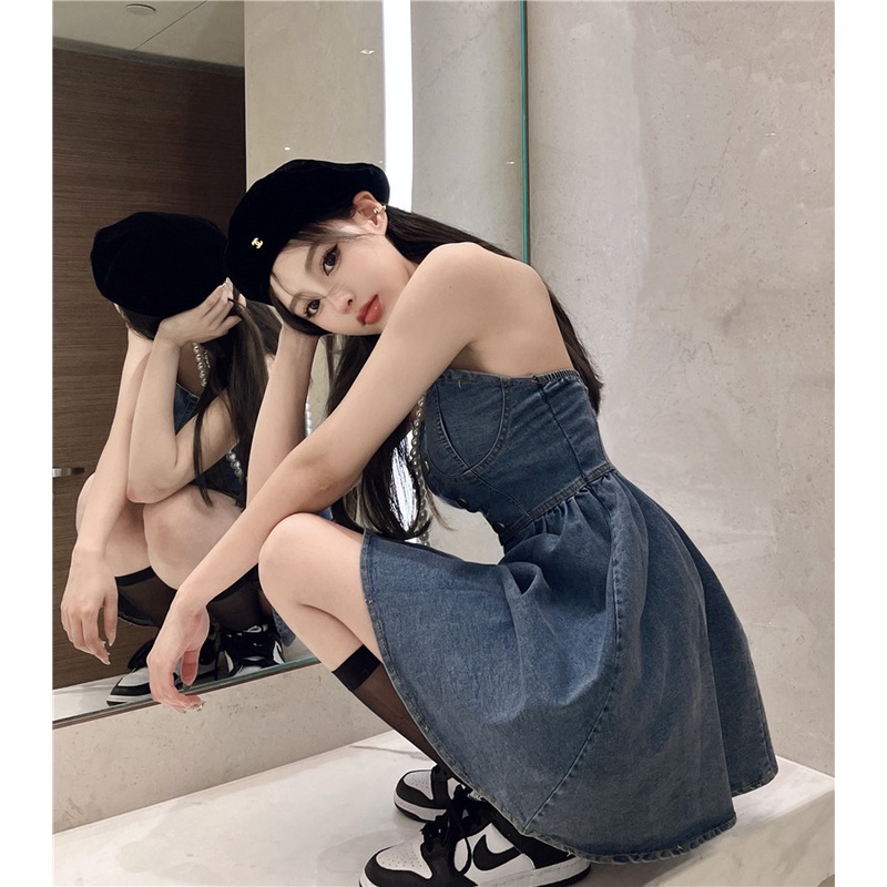 Đầm Denim Sát Nách Hở Vai Thời Trang Mùa Hè Quyến Rũ Cho Nữ