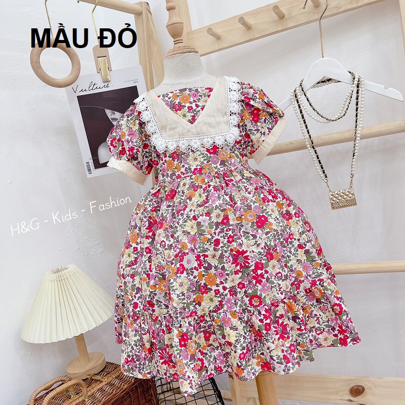Váy bé gái hoa hồng vitage cổ ren vuông XHN849