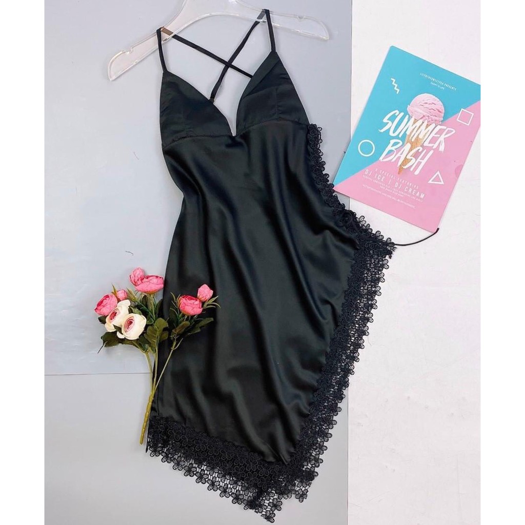 Váy ngủ sexy lụa satin cao cấp tà lệch đan dây hông độc đáo