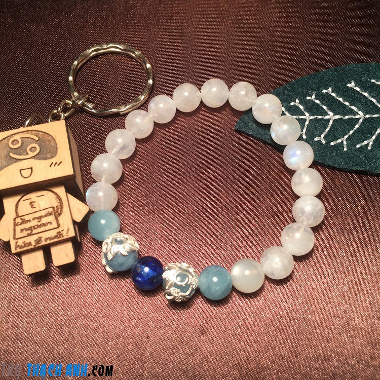 Vòng tay đá mặt trăng mix đá kyanite và đá aquamarin