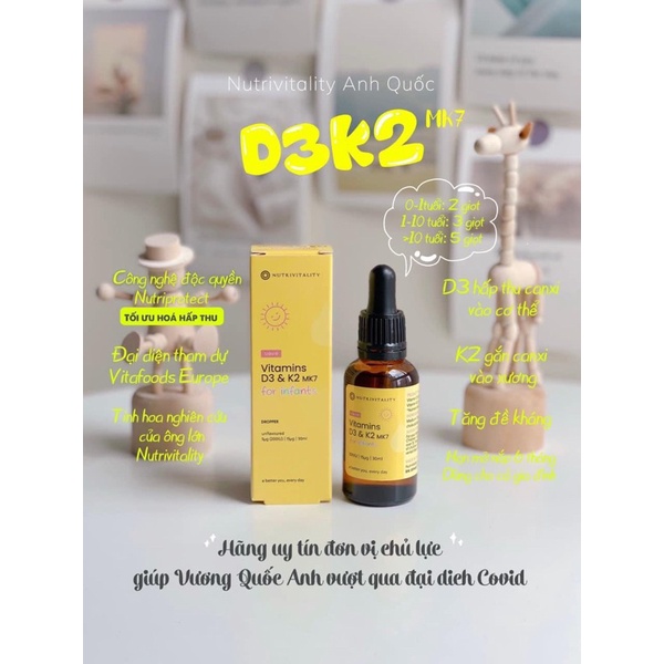 Vitamin D3 &amp; K2 MK7 cho bé Nutrivitality Anh D3K2 D3 K2 D3&amp;K2