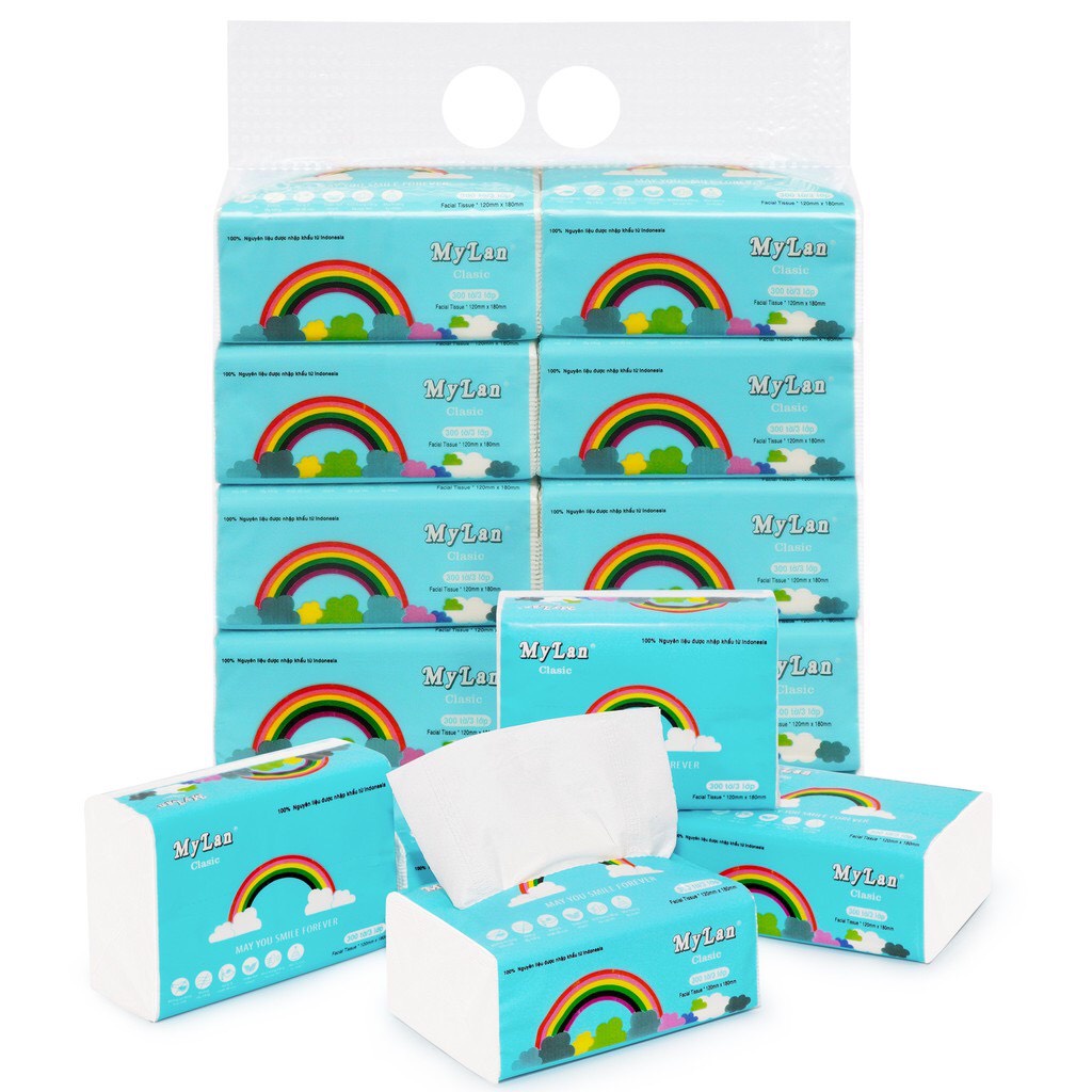 Giấy rút, giấy ăn cầu vồng MyLan 3 Lớp (1 xách 10 gói/ mỗi gói 300 tờ) hàng chính hãng
