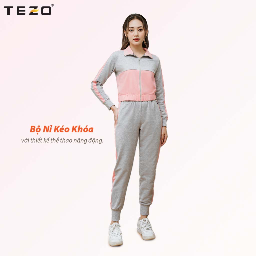 Bộ nỉ nữ TEZO tách lẻ quần hoặc áo nỉ chun kéo khoá không mũ hai màu mã 2112ANKK03