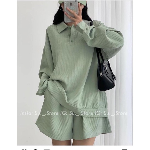 Set áo polo dài tay kèm quần short cạp chun nỉ tổ ong