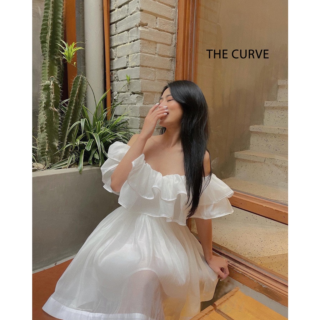 Đầm Trễ Vai Đi Chơi Bèo Tầng Bo Eo Tôn Dáng, Váy Xòe - Vải Xô Xốp + Lót Toàn Thân - 3 Màu Hồng, Trắng, Xanh