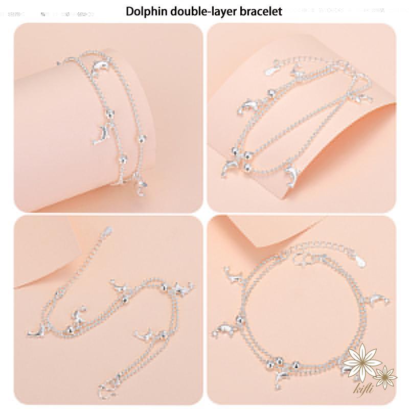 Vòng Tay Hai Lớp Mạ Bạc Hình Cá Heo/Hoa Đính Ngọc Trai Thời Trang Hàn Quốc