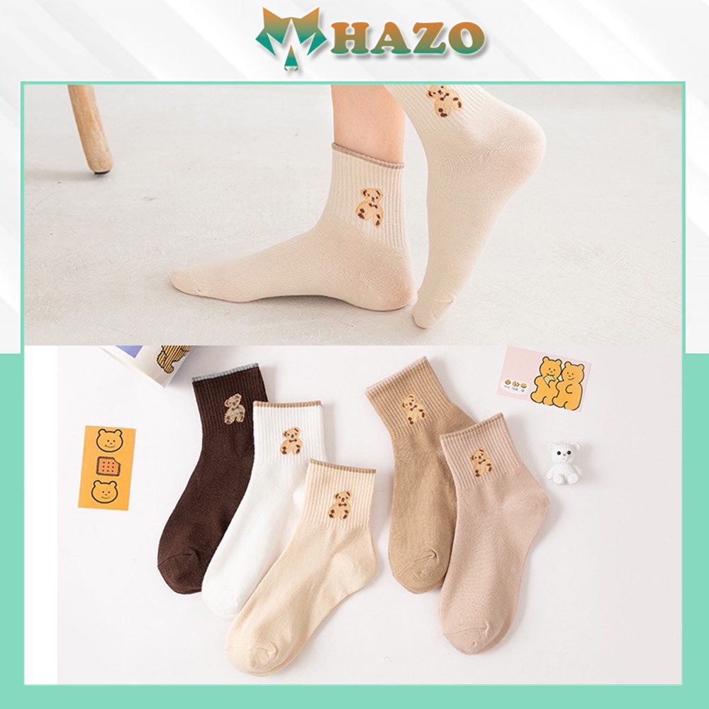 Tất cổ cao vớ cổ cao nam nữ thêu chú gấu xinh retro 367 vải cotton co giãn thời trang