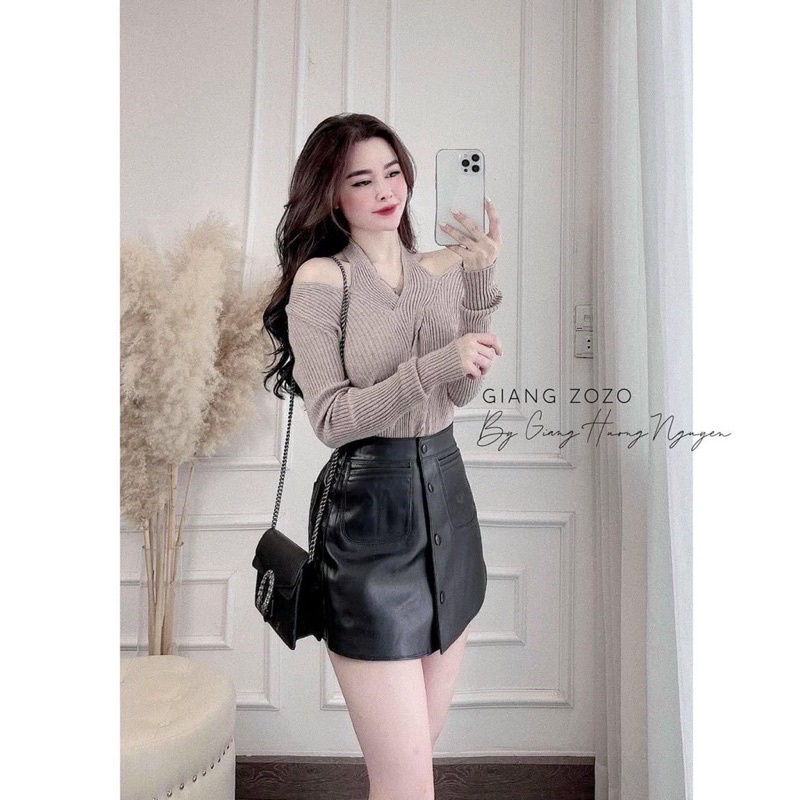 áo len dệt kim xoắn giữa mix dây cổ