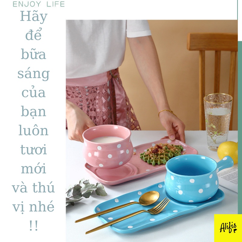 Thố sứ có tay cầm, thố tròn cao cấp và khay hình chữ nhật họa tiết chấm bi - đồ dùng nhà bếp thông minh