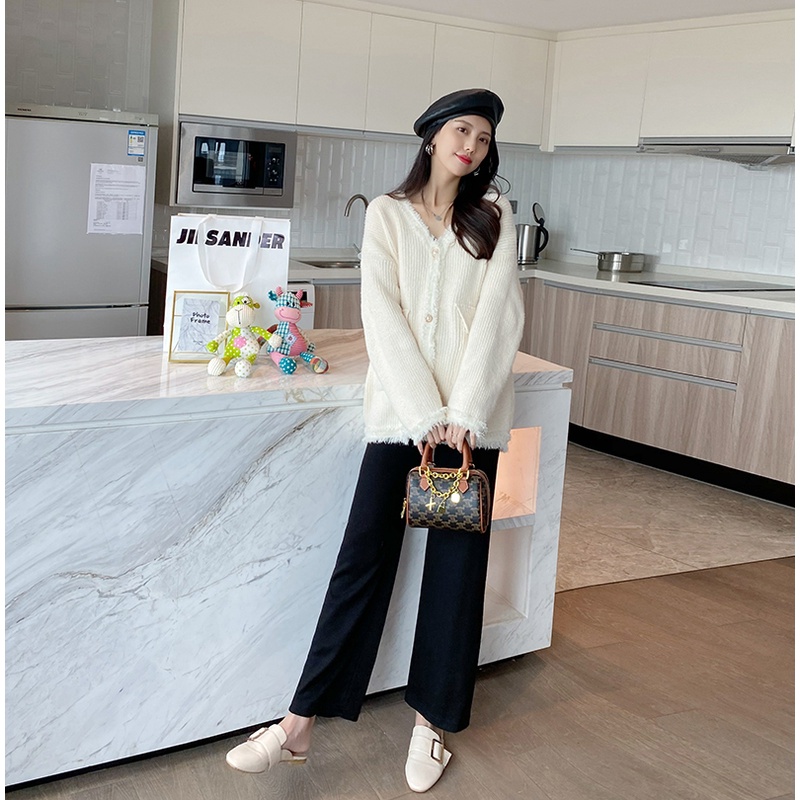 NSCAT-2021 phiên bản Hàn Quốc mới của bộ đồ bà bầu thời trang áo khoác cardigan dệt kim với quần ống rộng nâng bụng