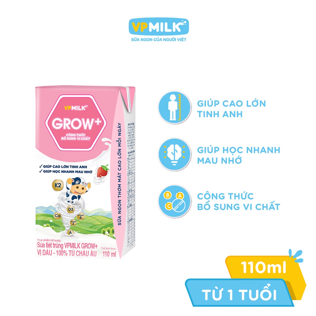 Sữa tiệt trùng VPMilk Grow+ vị dâu 110ml (thùng 48 hộp)