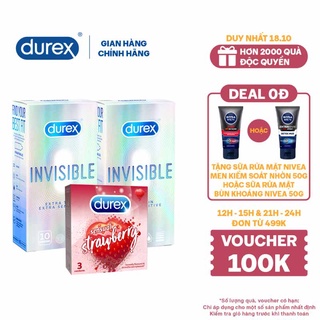 Bộ 2 Bao cao su Durex Invisible (10 bao/hộp, size 52mm) + Tặng 1 hộp Durex Sensual Strawberry (3 bao/hộp)